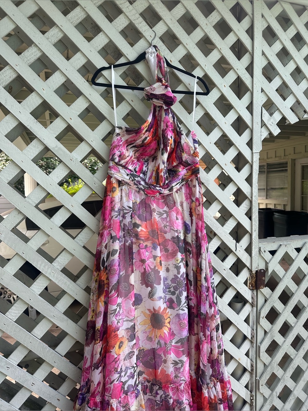 MAC DUGGAL Multicolor Asymmetrical Ruffled Halter Floral Gown - Picture 5 of 7